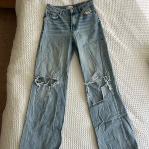 Zara Light Blue Distressed Straight-Leg Jeans